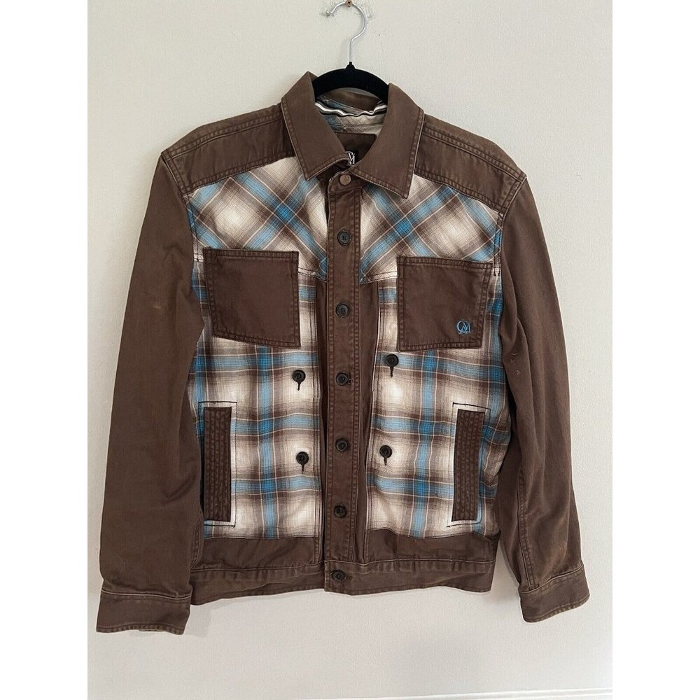 CAVI Size Men’s Large L Western Style Denim Brown And Blue Plaid Jacket